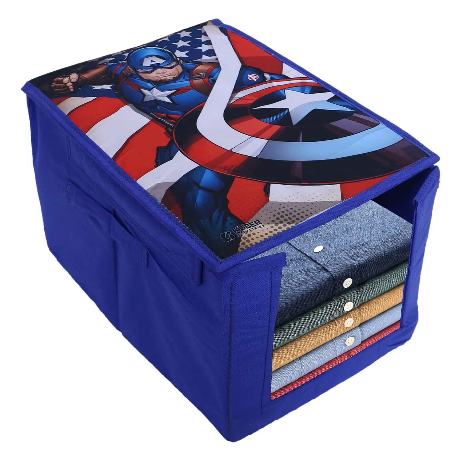 Heart Home Marvel Captain America Shirt Stacker|Foldable Shirt Stacker for Cloth|Non-Woven Wardrobe Organizer for Home With Lid (Blue)