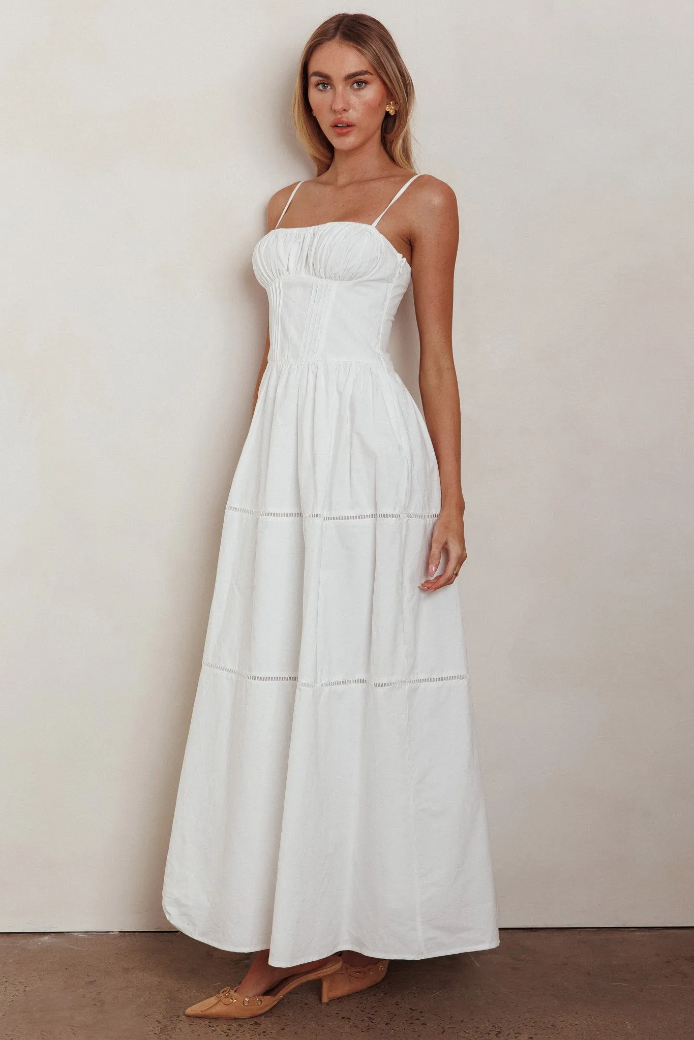 Heavenly Glow Gathered Bust A-Line Maxi Dress Off White