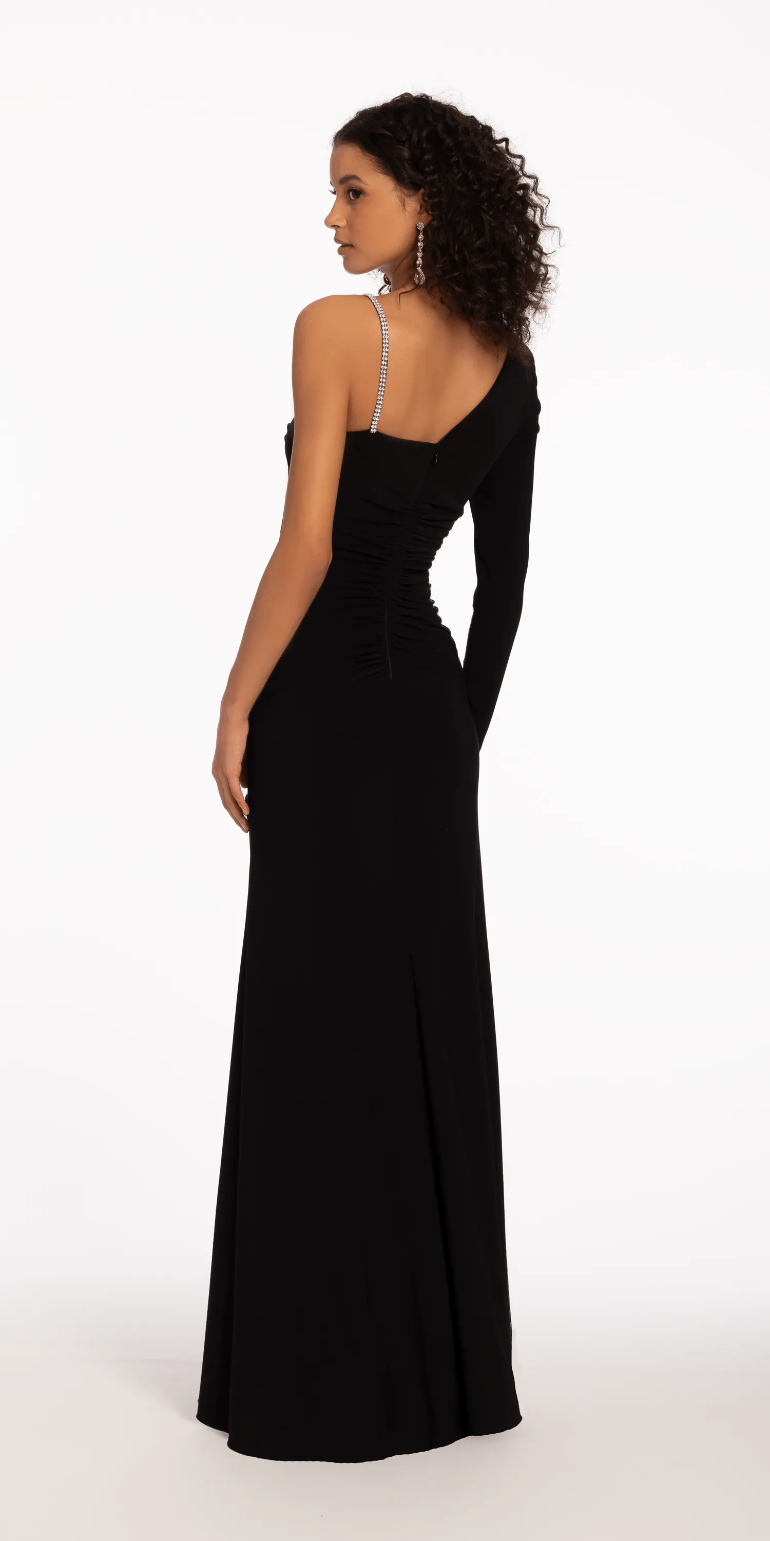 Jersey One Shoulder Long Sleeve Ruched Column Dress with Rhinestone Detail