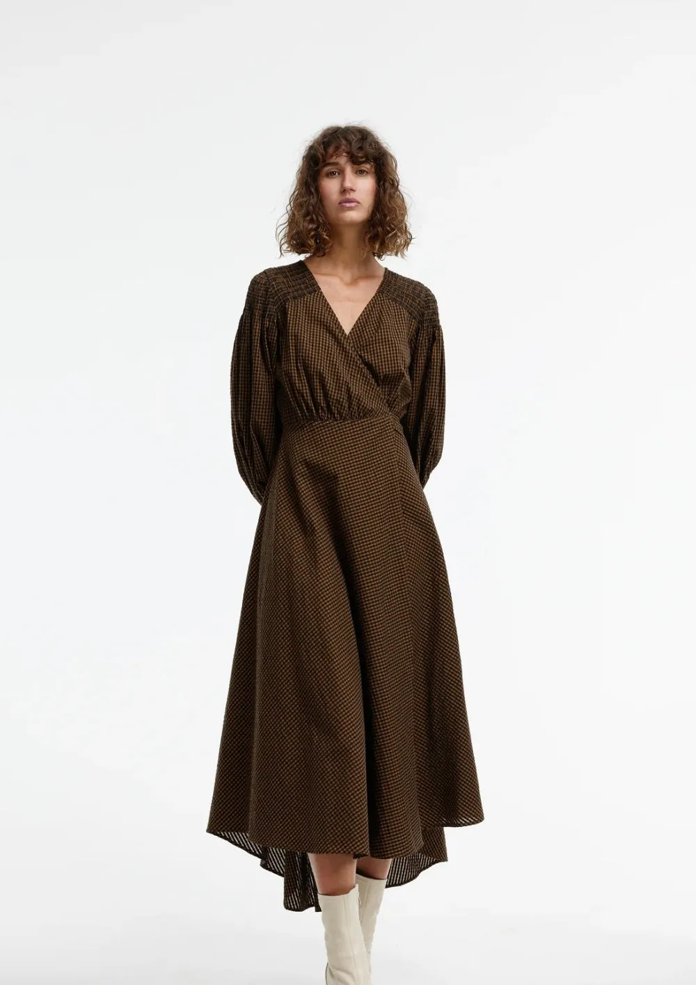 Kinney Arlo Wrap Cotton Dress - Chocolate Gingham