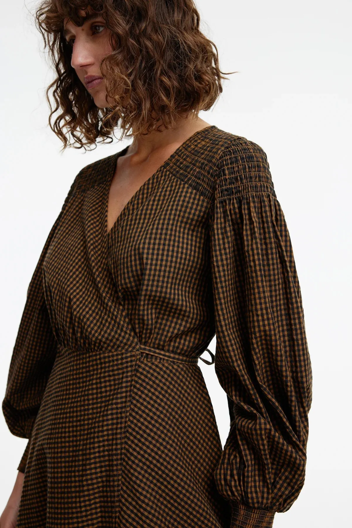 Kinney Arlo Wrap Cotton Dress - Chocolate Gingham