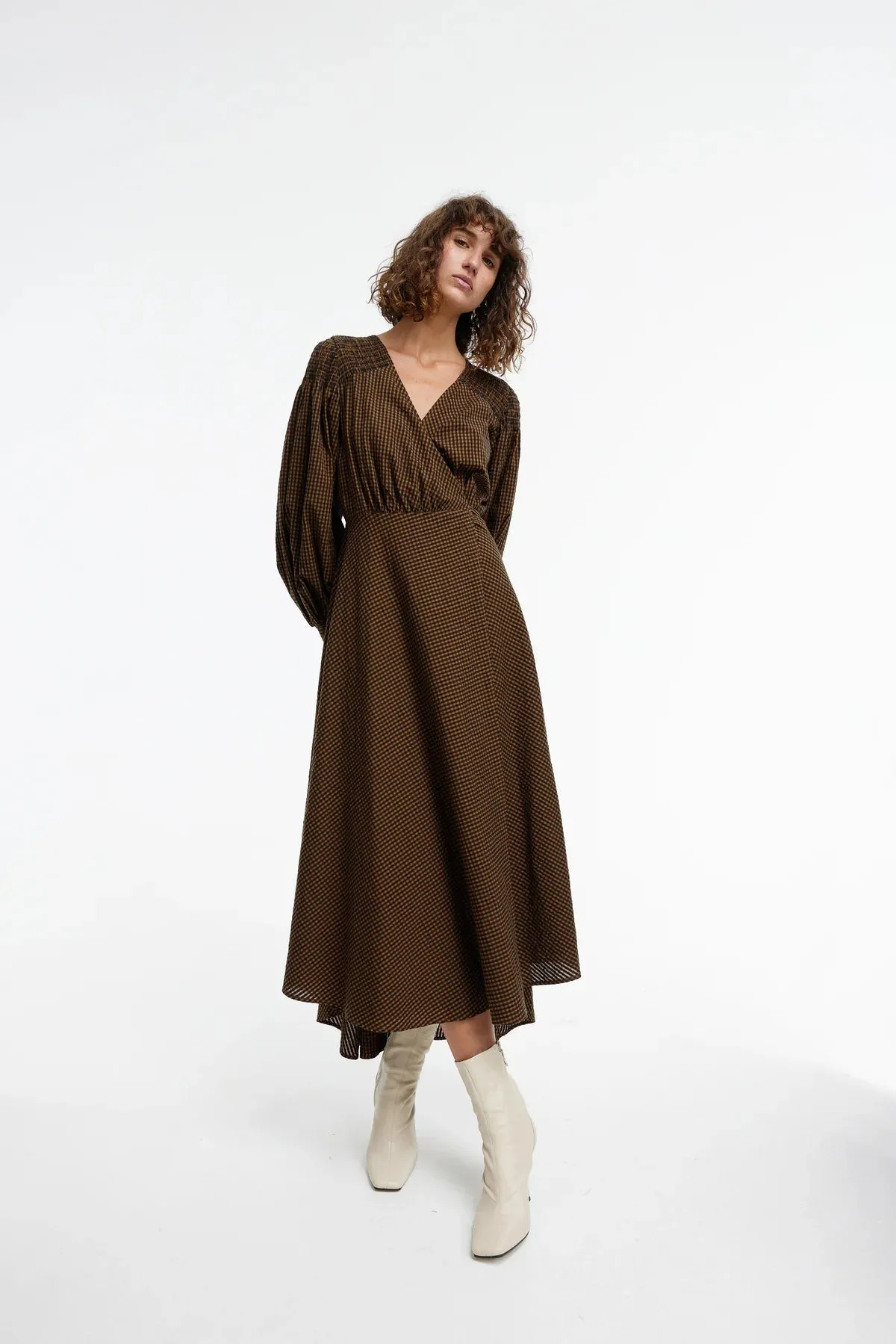 Kinney Arlo Wrap Cotton Dress - Chocolate Gingham