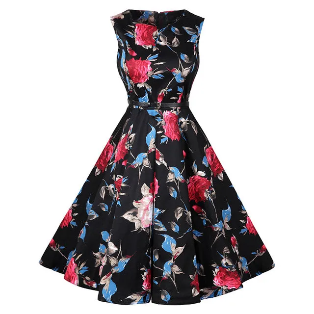 Kostlich 2017 Summer Dress Women Cotton Floral Print 50s 60s Vintage Dress With Belt Sleeveless Elegant Party Dresses Sundress