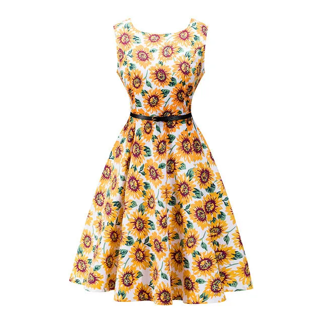 Kostlich 2017 Summer Dress Women Cotton Floral Print 50s 60s Vintage Dress With Belt Sleeveless Elegant Party Dresses Sundress