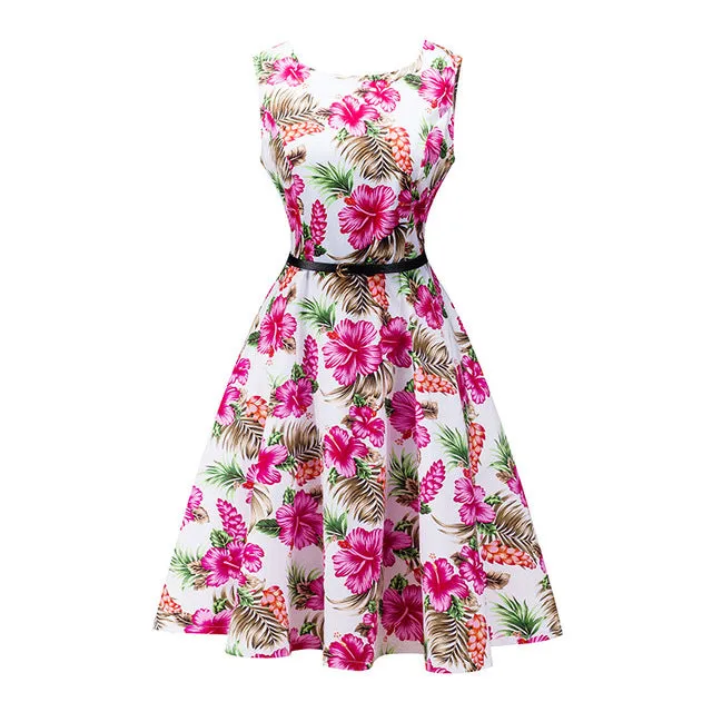 Kostlich 2017 Summer Dress Women Cotton Floral Print 50s 60s Vintage Dress With Belt Sleeveless Elegant Party Dresses Sundress