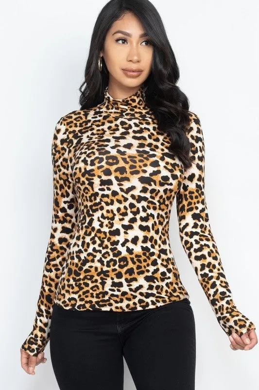 Leopard Print Mock Turtleneck Long Sleeve Top