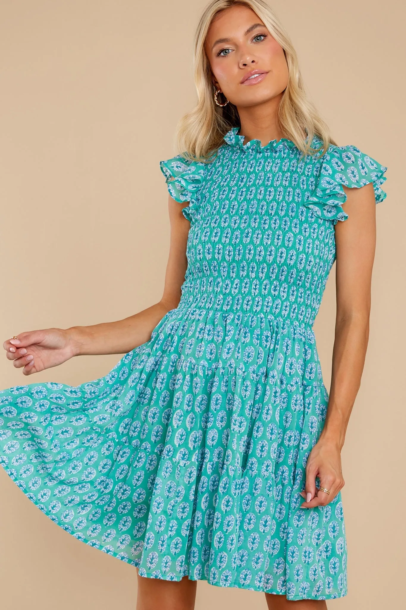 Libson Green Smocked Flirty Short Dress