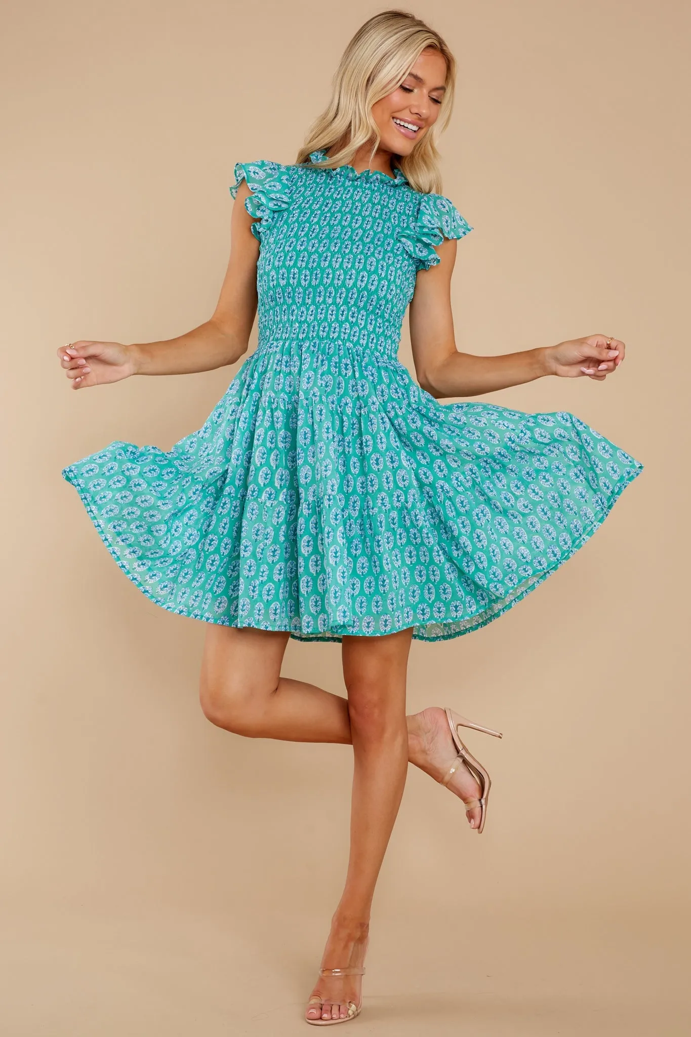 Libson Green Smocked Flirty Short Dress