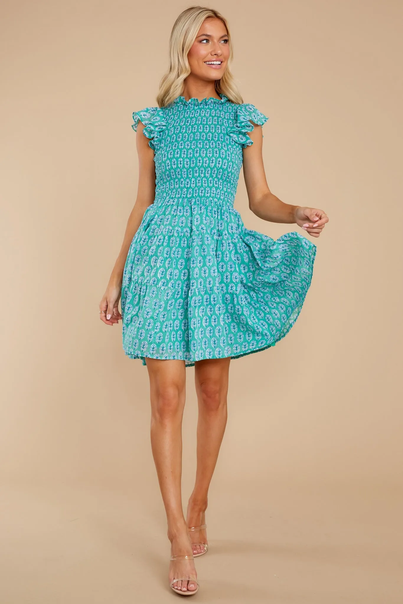 Libson Green Smocked Flirty Short Dress