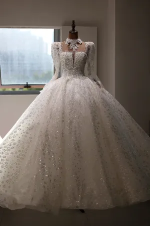 Luxury Beaded Pearl Long Sleeves Ball Gown Wedding Dress RS013