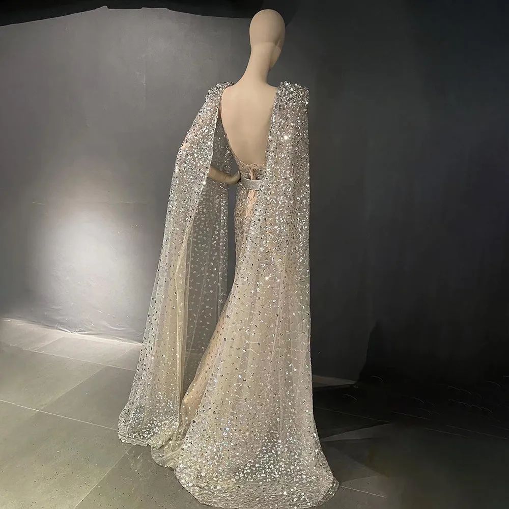 Luxury Beaded Silver Nude Evening Dress with Cape Sleeve SS556