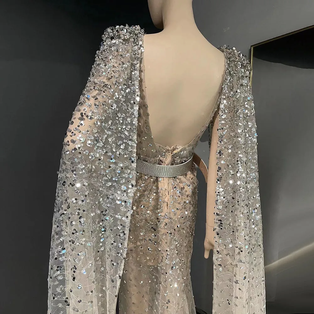 Luxury Beaded Silver Nude Evening Dress with Cape Sleeve SS556