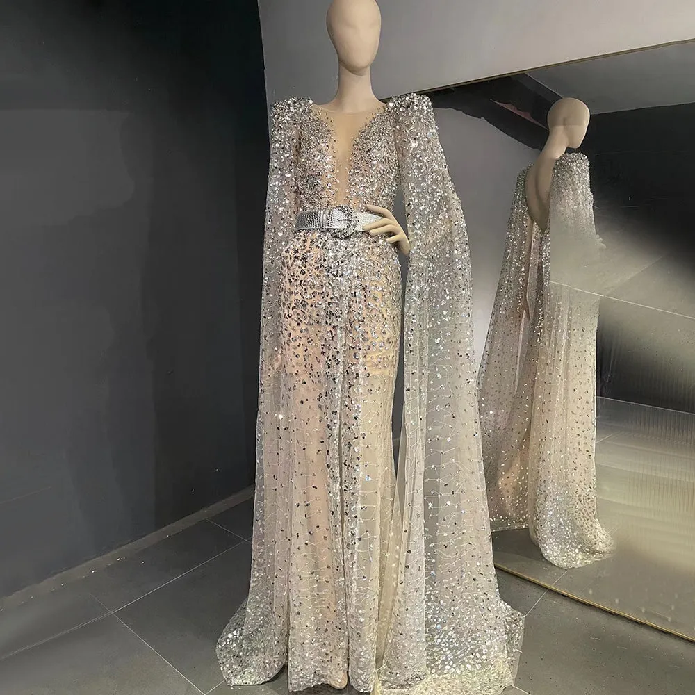 Luxury Beaded Silver Nude Evening Dress with Cape Sleeve SS556