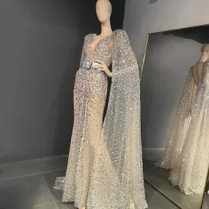 Luxury Beaded Silver Nude Evening Dress with Cape Sleeve SS556