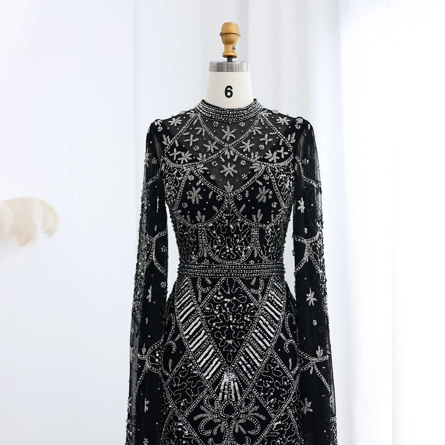 Luxury Black Beaded Evening Dress with Flare Long Sleeves SS153