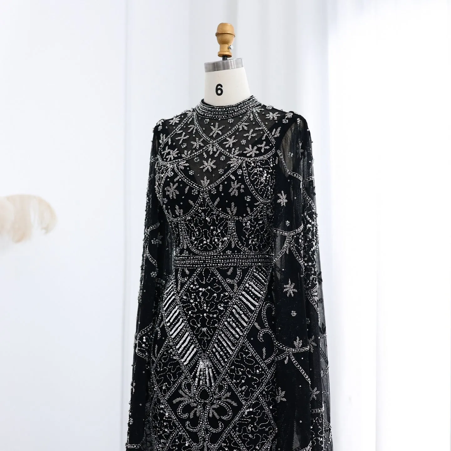 Luxury Black Beaded Evening Dress with Flare Long Sleeves SS153