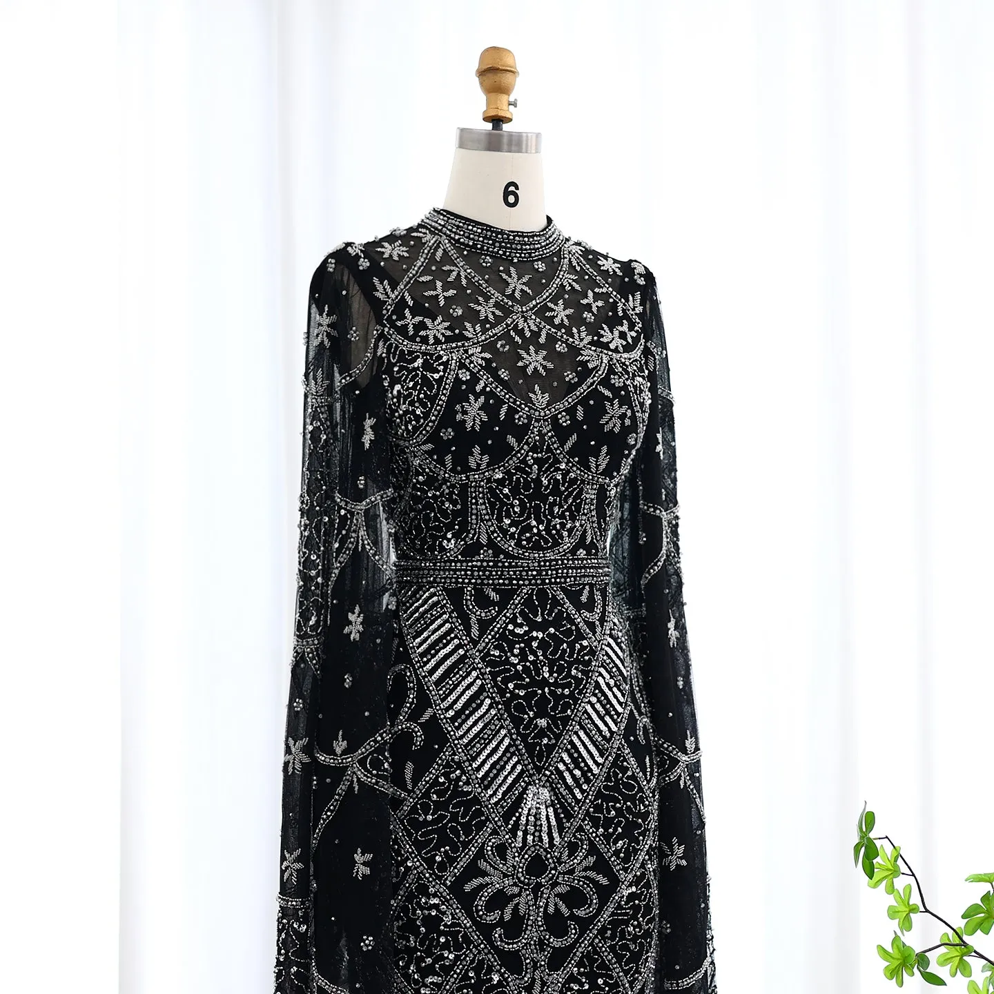 Luxury Black Beaded Evening Dress with Flare Long Sleeves SS153