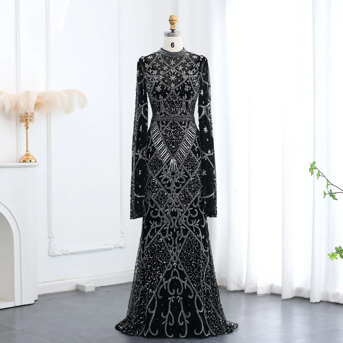 Luxury Black Beaded Evening Dress with Flare Long Sleeves SS153