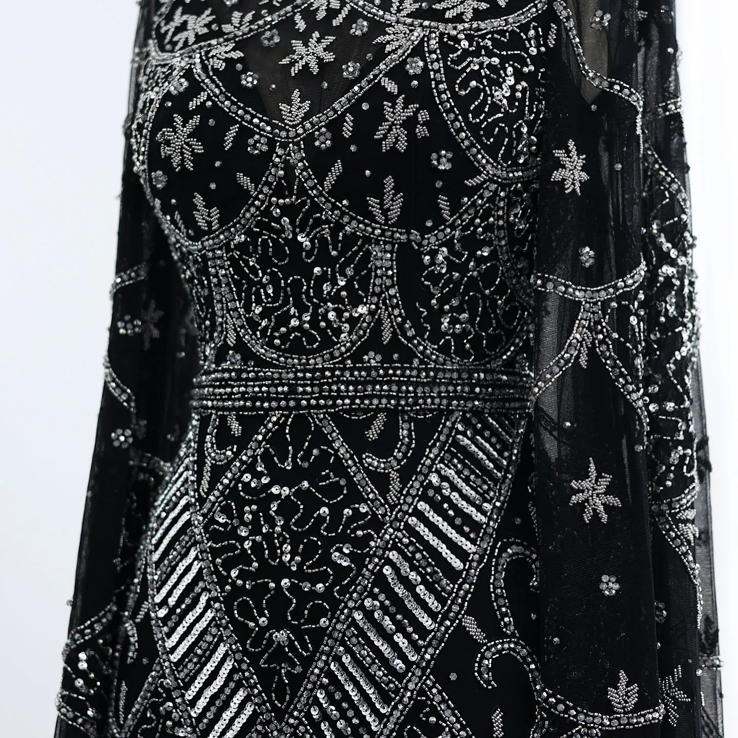 Luxury Black Beaded Evening Dress with Flare Long Sleeves SS153