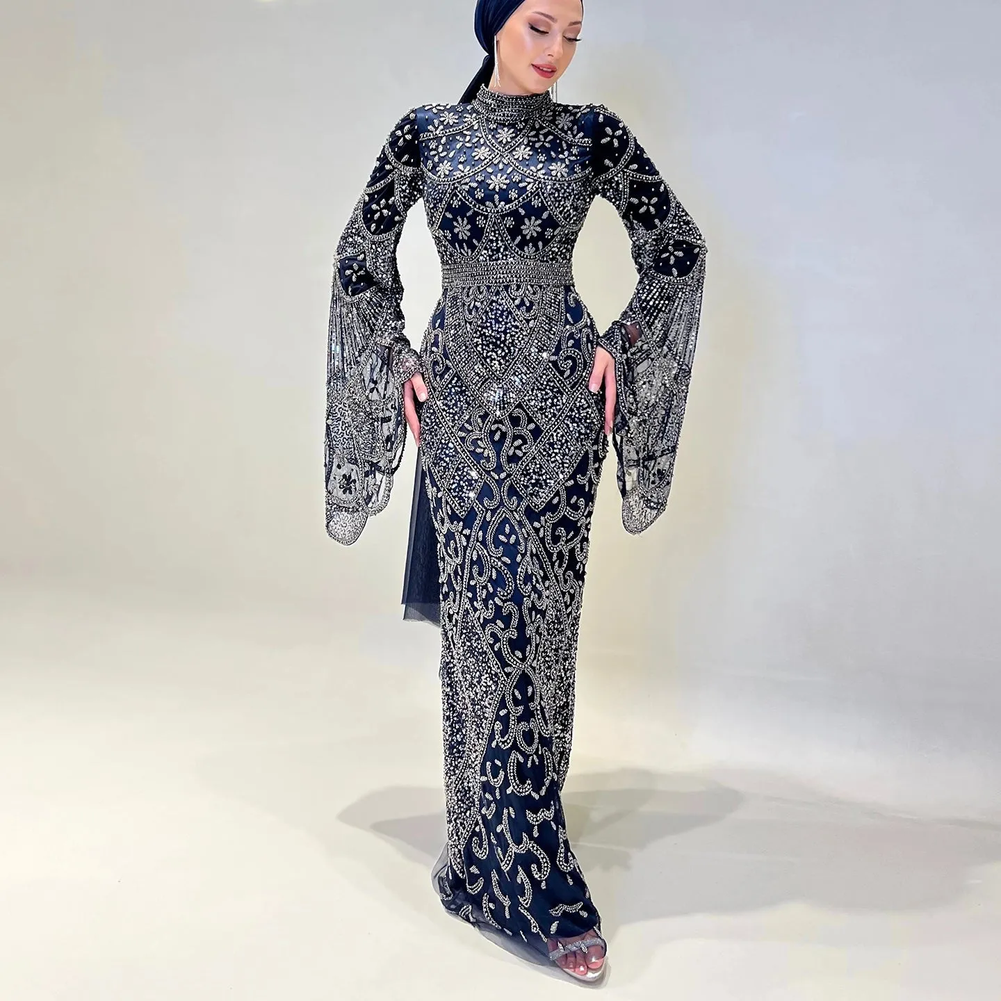 Luxury Black Beaded Evening Dress with Flare Long Sleeves SS153