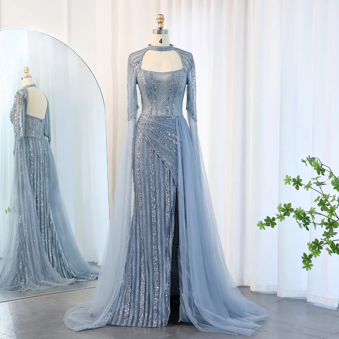 Luxury Blue Evening Dress with Cape Sleeves SS003