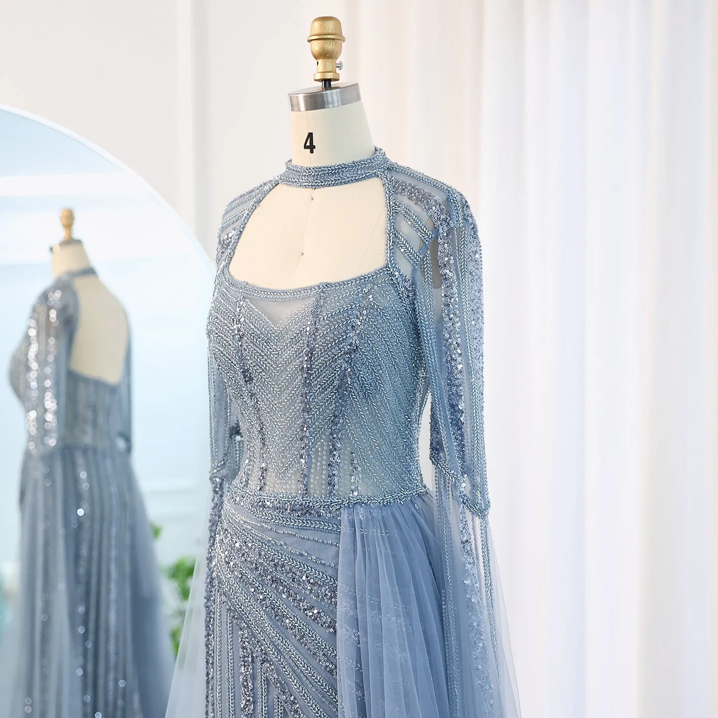 Luxury Blue Evening Dress with Cape Sleeves SS003