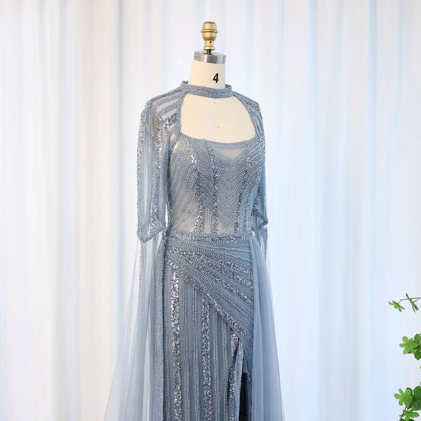 Luxury Blue Evening Dress with Cape Sleeves SS003