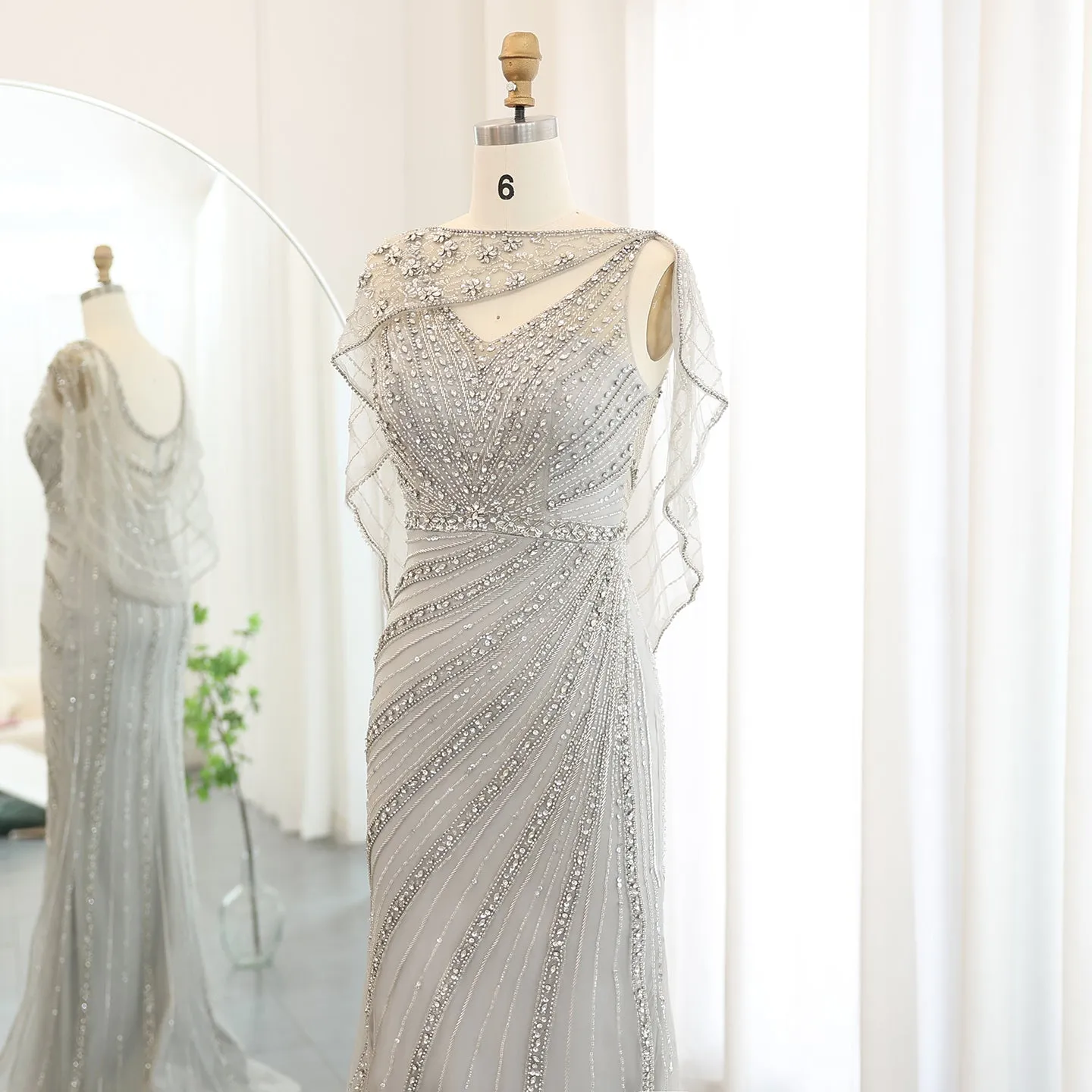 Luxury Champagne Beaded Mermaid Evening Dress with Cape SS122