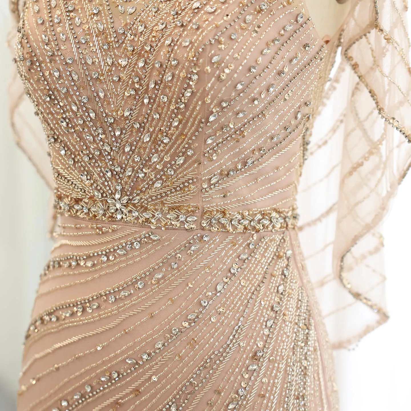 Luxury Champagne Beaded Mermaid Evening Dress with Cape SS122