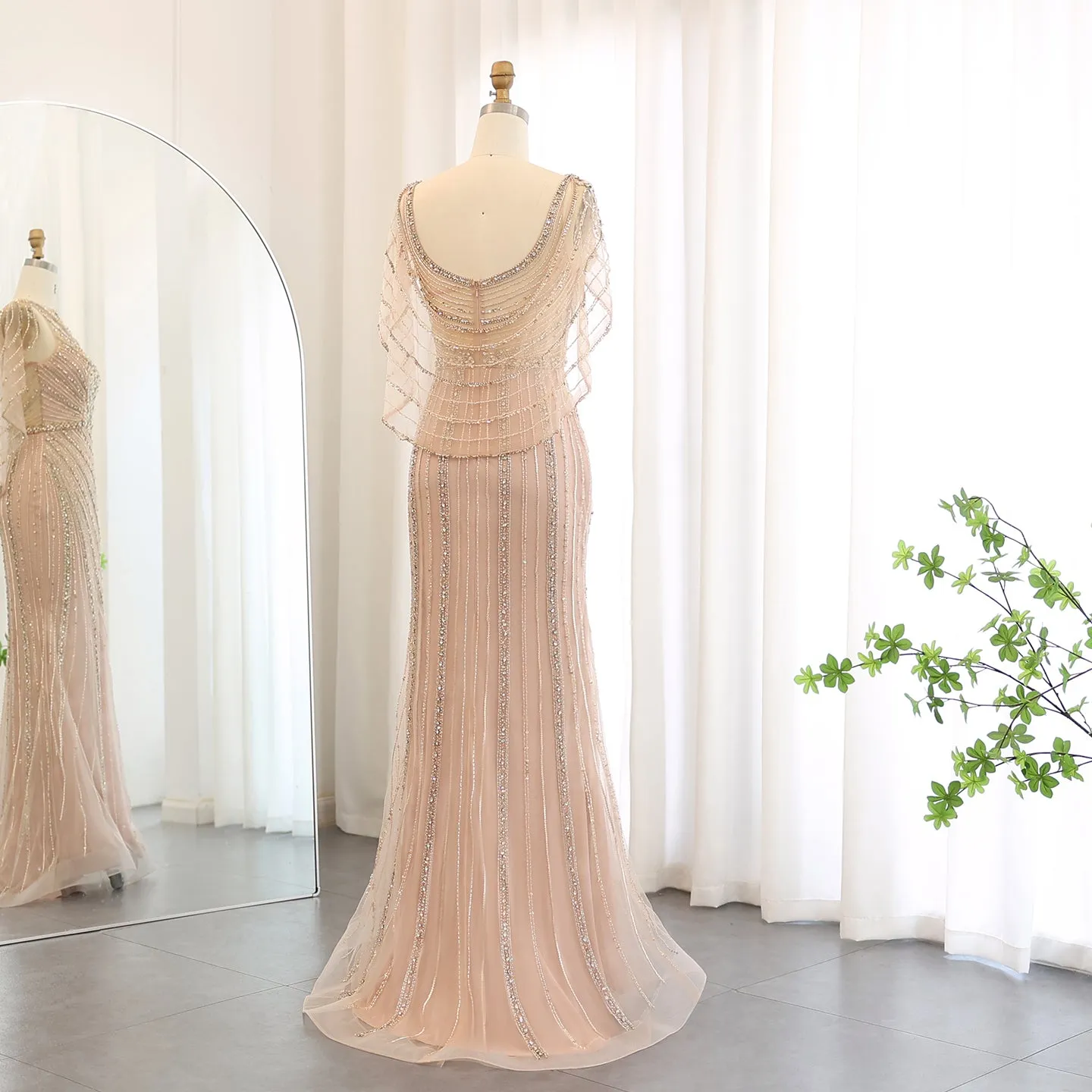 Luxury Champagne Beaded Mermaid Evening Dress with Cape SS122