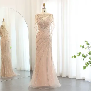 Luxury Champagne Beaded Mermaid Evening Dress with Cape SS122