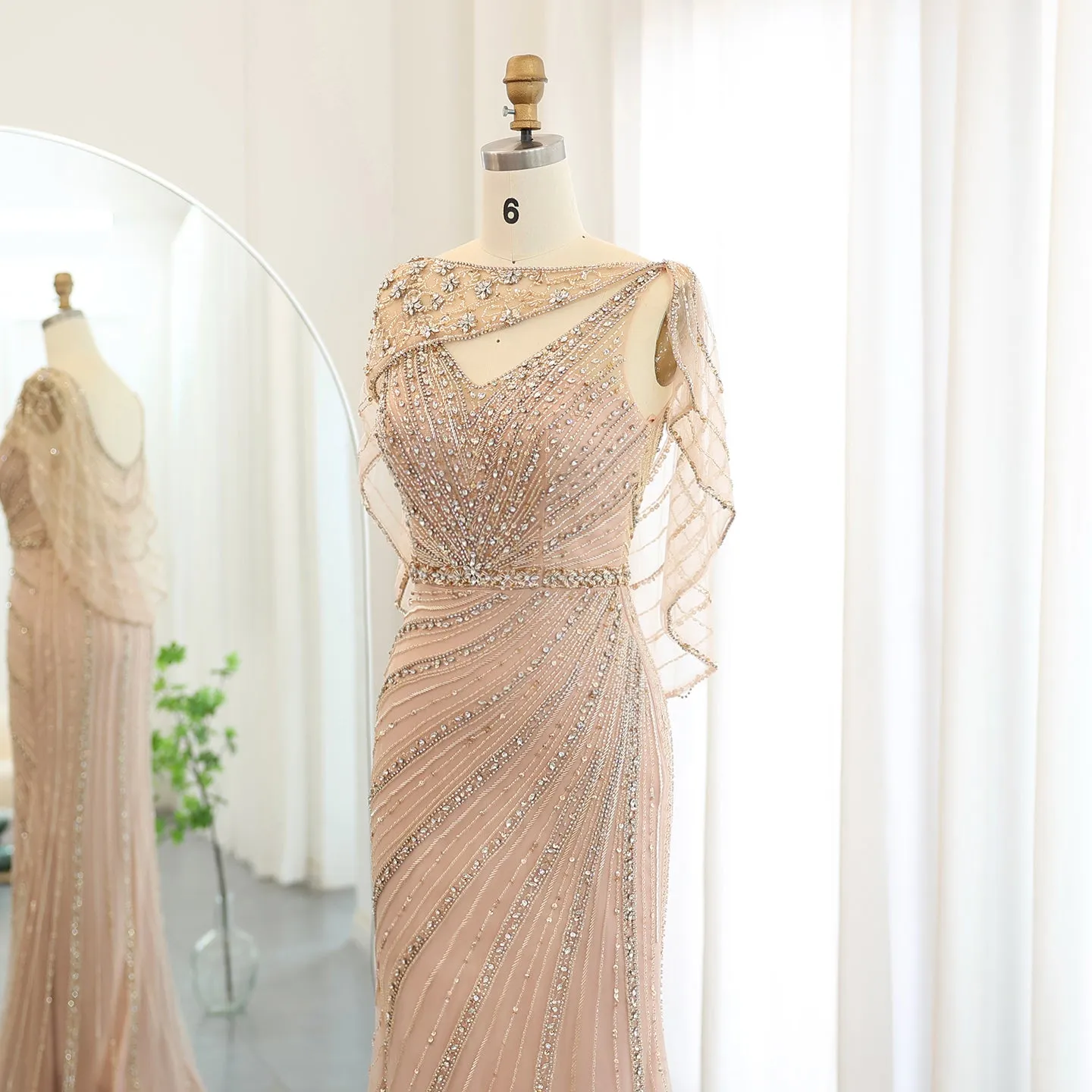 Luxury Champagne Beaded Mermaid Evening Dress with Cape SS122