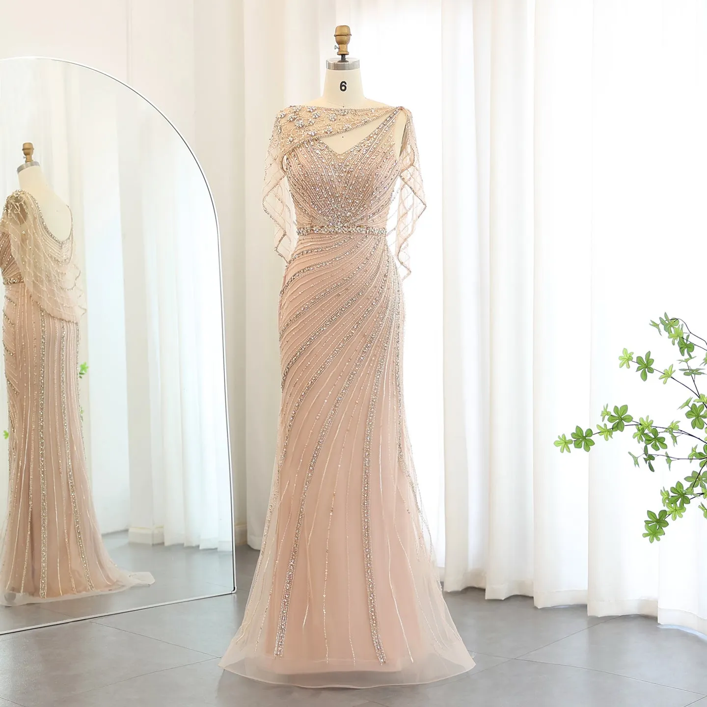 Luxury Champagne Beaded Mermaid Evening Dress with Cape SS122