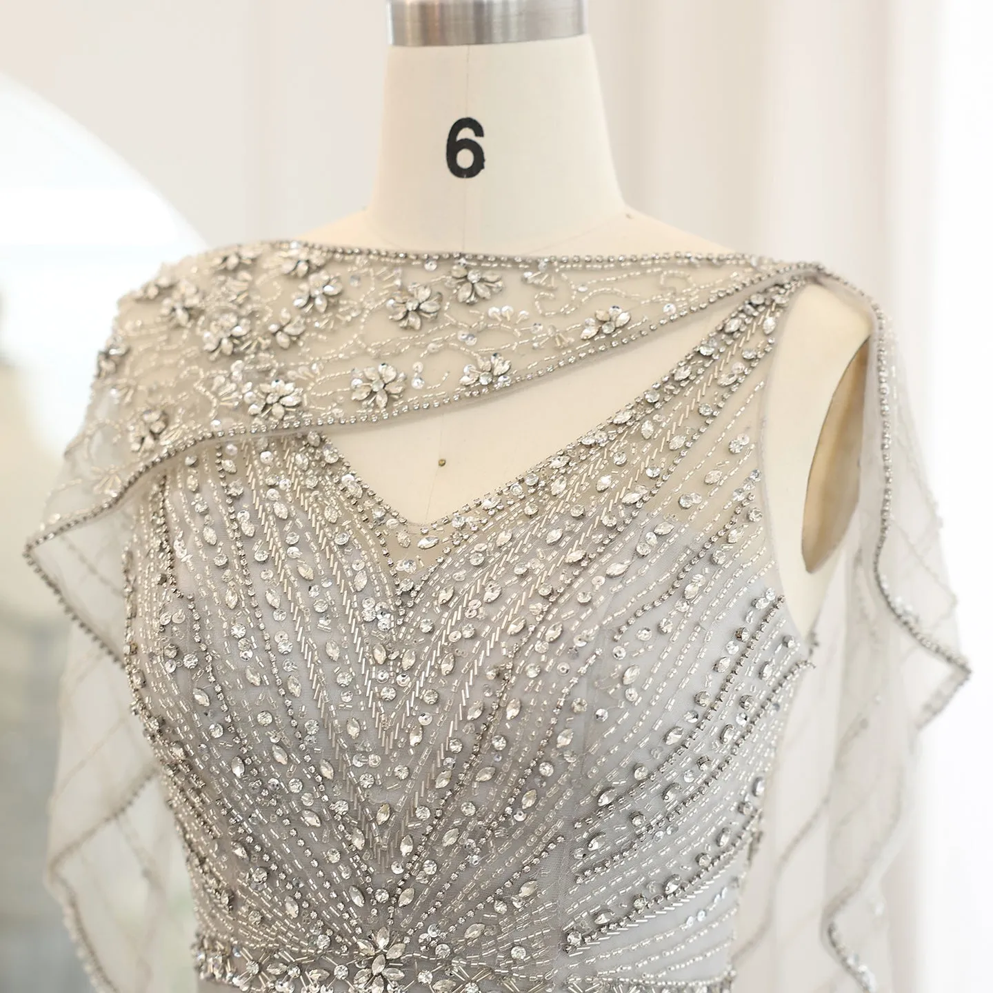 Luxury Champagne Beaded Mermaid Evening Dress with Cape SS122