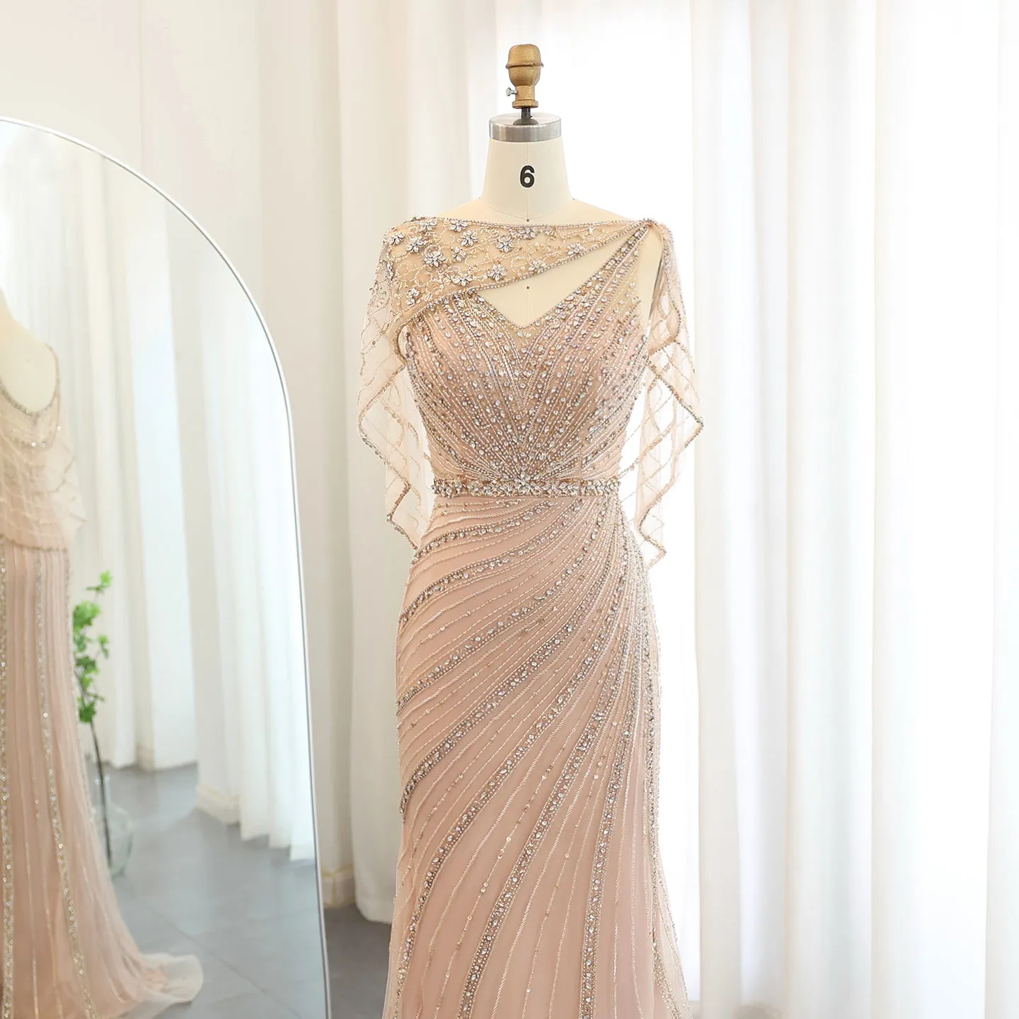 Luxury Champagne Beaded Mermaid Evening Dress with Cape SS122