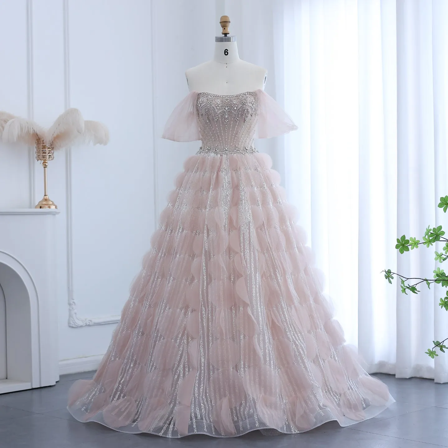 Luxury Crystal Ball Gown Blush Pink Ruffles Evening Dress SS533