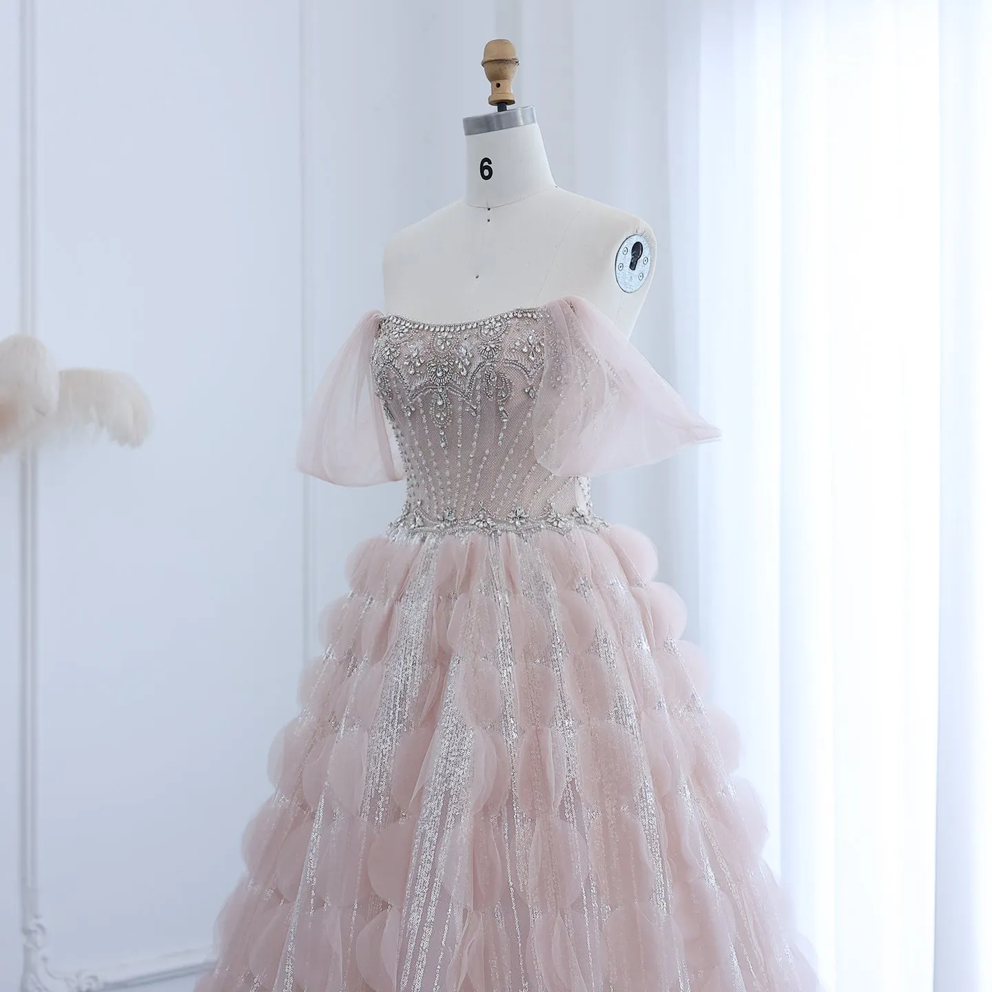 Luxury Crystal Ball Gown Blush Pink Ruffles Evening Dress SS533