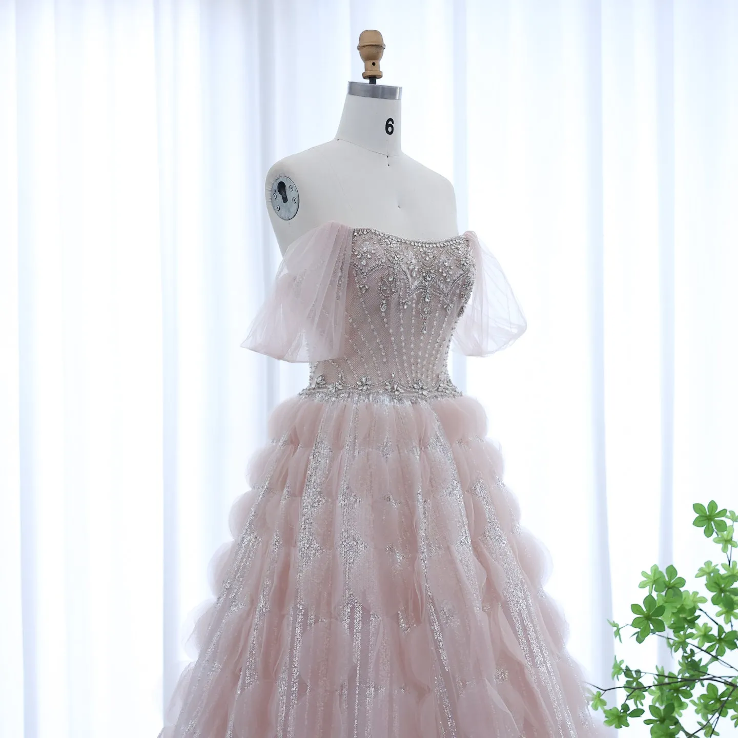 Luxury Crystal Ball Gown Blush Pink Ruffles Evening Dress SS533