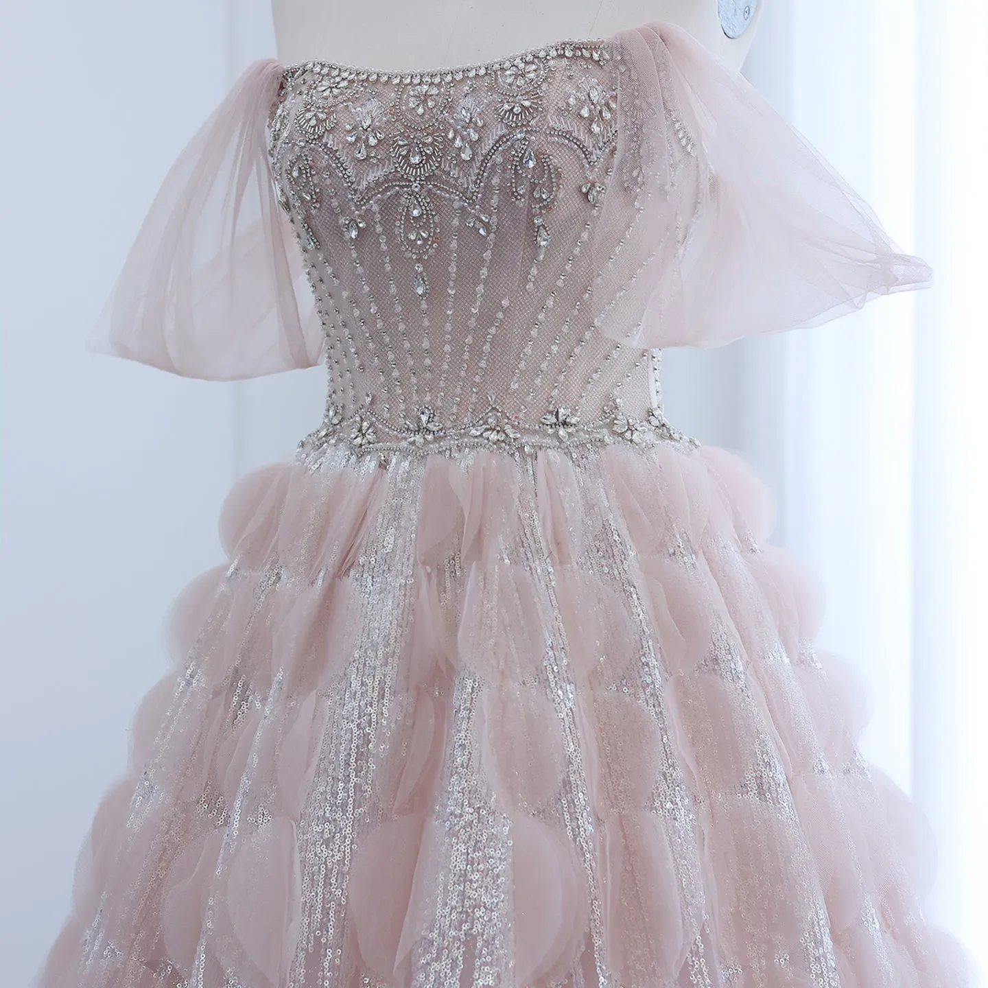 Luxury Crystal Ball Gown Blush Pink Ruffles Evening Dress SS533