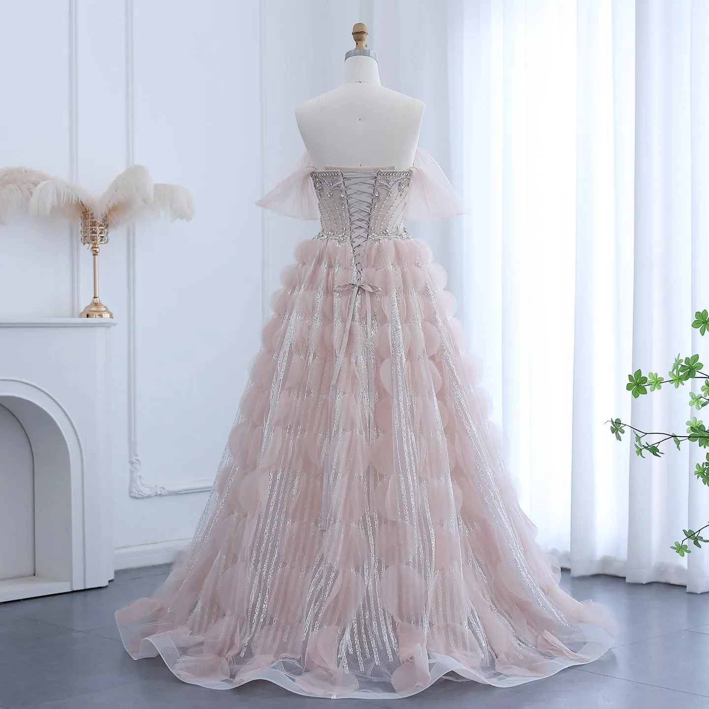 Luxury Crystal Ball Gown Blush Pink Ruffles Evening Dress SS533