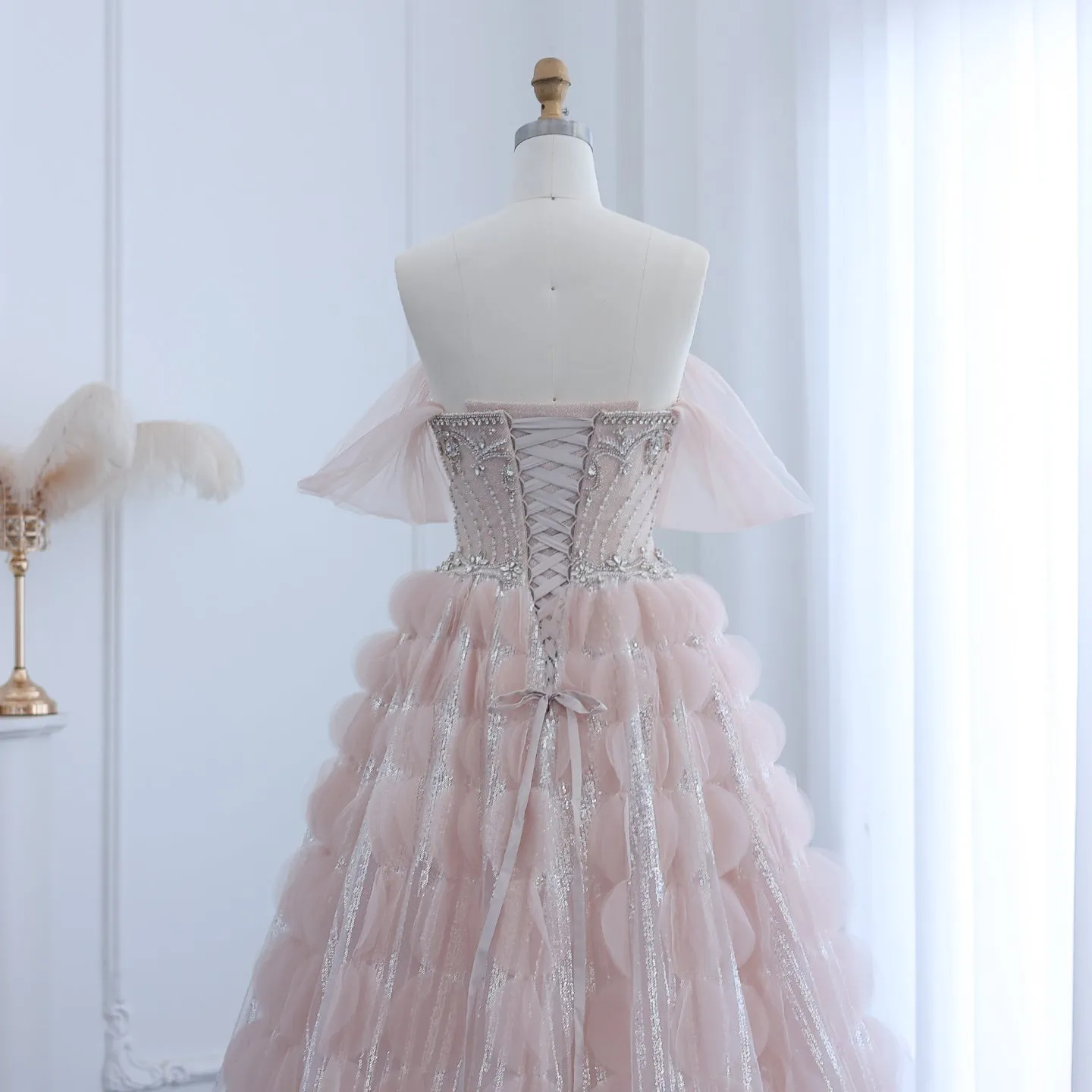 Luxury Crystal Ball Gown Blush Pink Ruffles Evening Dress SS533