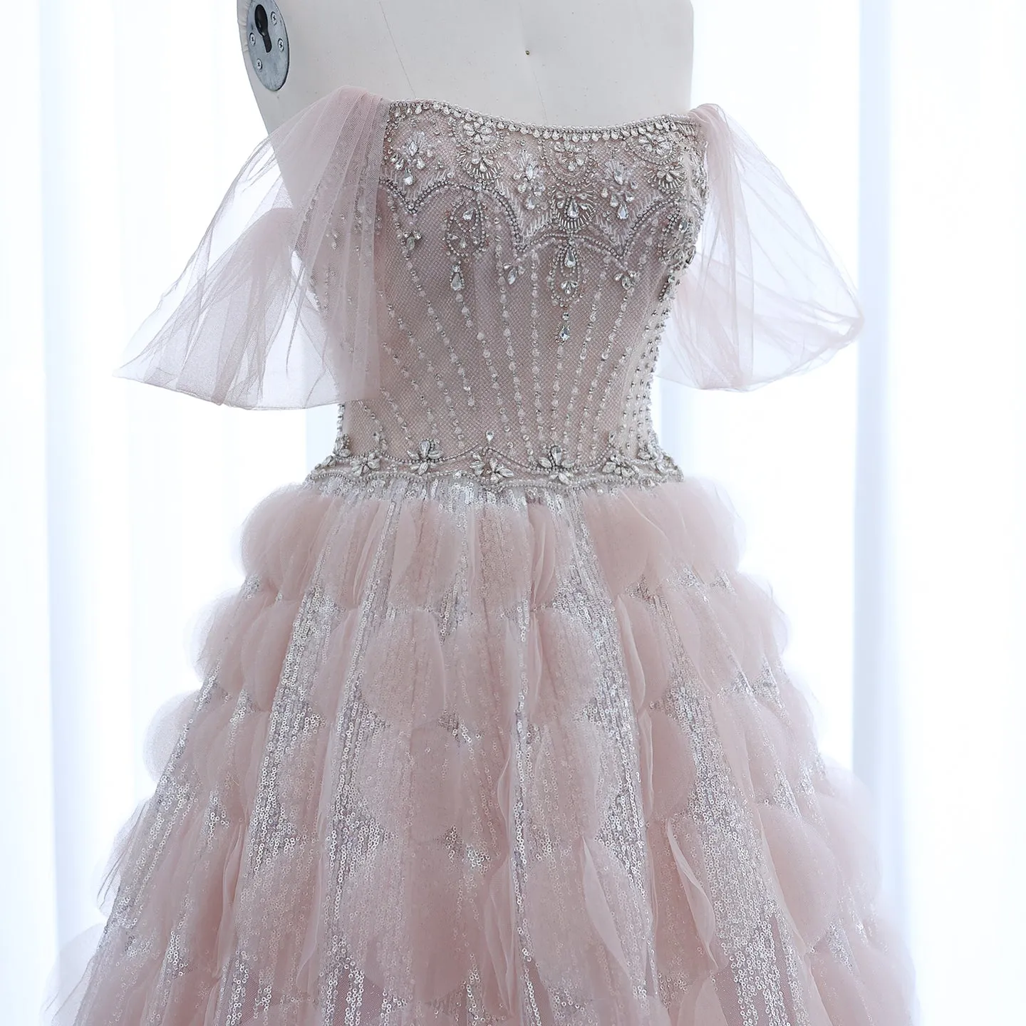 Luxury Crystal Ball Gown Blush Pink Ruffles Evening Dress SS533