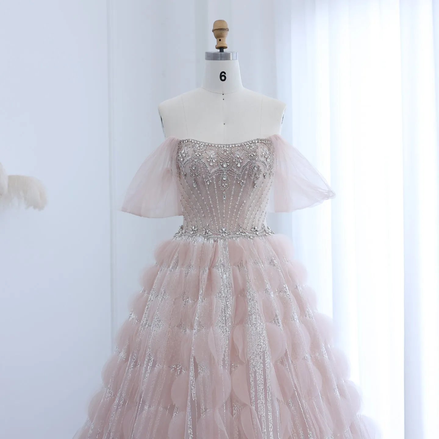 Luxury Crystal Ball Gown Blush Pink Ruffles Evening Dress SS533