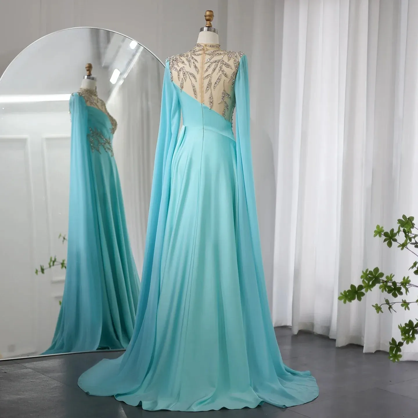 Luxury Crystal Turquoise Evening Dress with Cap Sleeves SS207