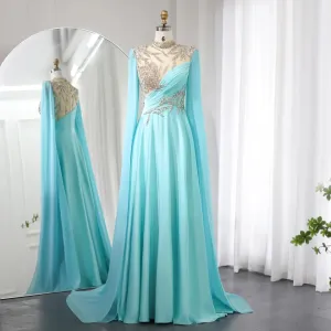 Luxury Crystal Turquoise Evening Dress with Cap Sleeves SS207