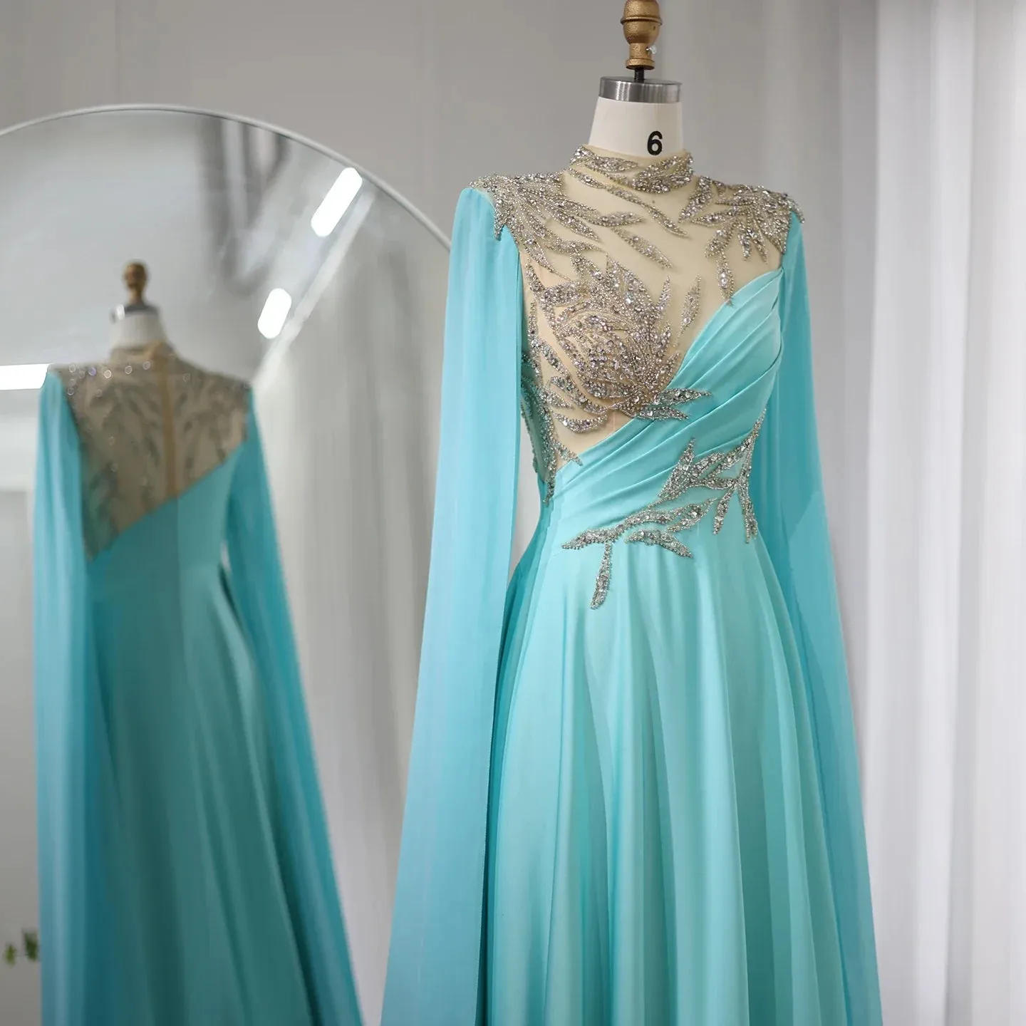 Luxury Crystal Turquoise Evening Dress with Cap Sleeves SS207