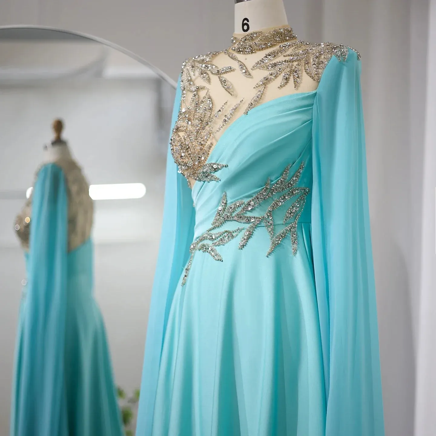 Luxury Crystal Turquoise Evening Dress with Cap Sleeves SS207