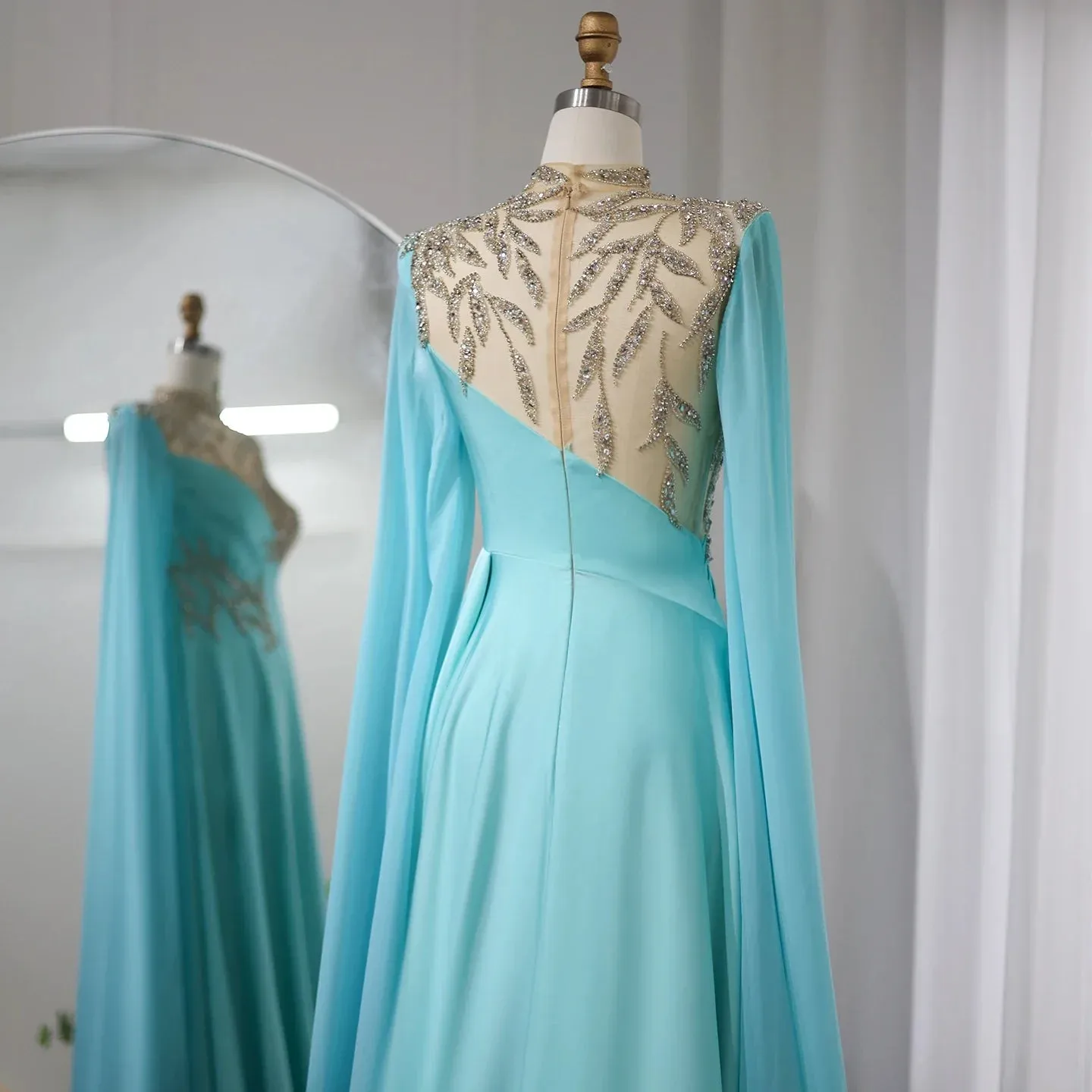 Luxury Crystal Turquoise Evening Dress with Cap Sleeves SS207