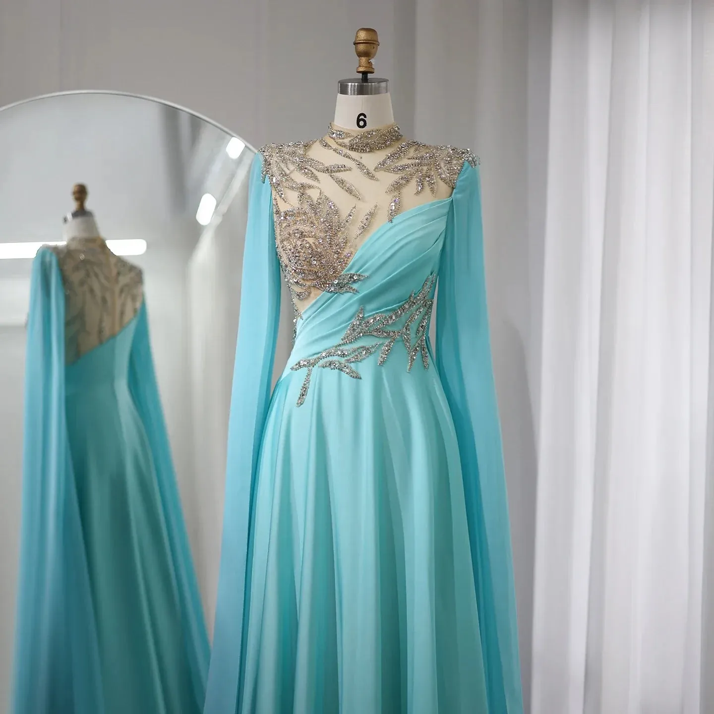 Luxury Crystal Turquoise Evening Dress with Cap Sleeves SS207