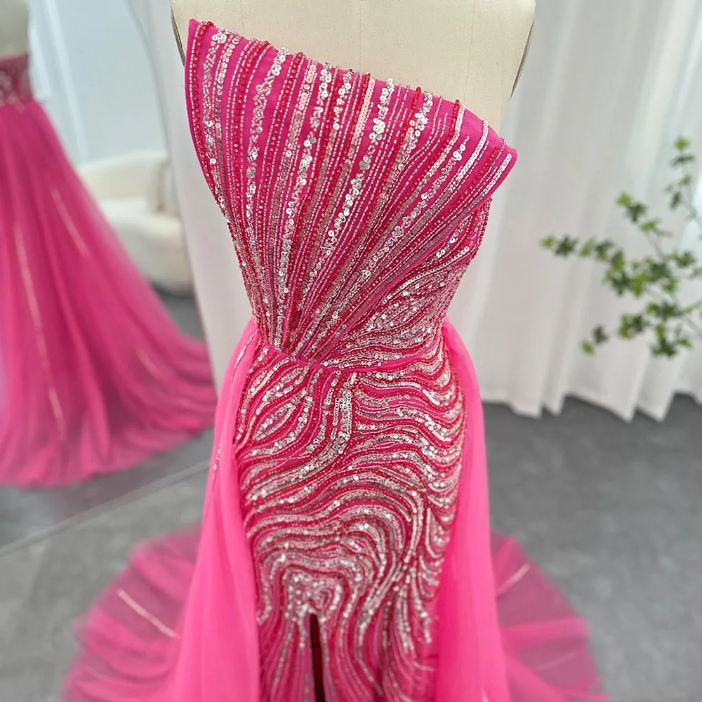 Luxury Dubai Fuchsia Evening Dress with Overskirt Slit SS372